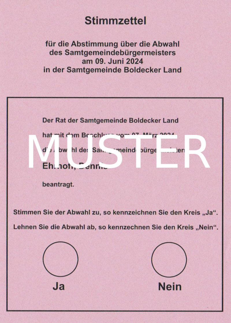 Muster-Stimmzettel zum Abwahlverfahren des Samtgemeindebürgermeisters Dennis Ehrhoff im Boldecker Land